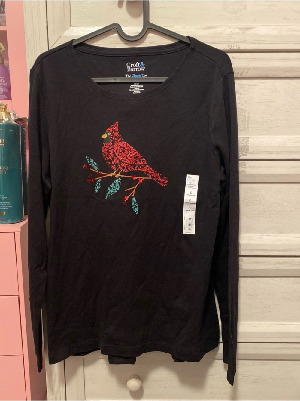 Croft & Barrow Black Long Sleeve Classic Tee Size S Red Cardinal Bird